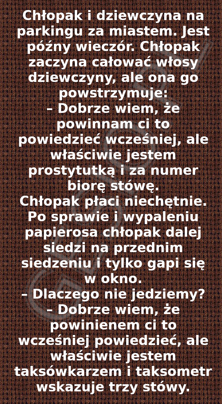 Humor: Chłopak i dziewczyna na parkingu za miastem
